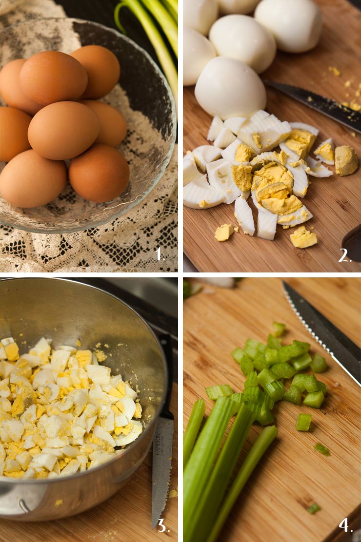 A collage of 4 numbered images showing how to make Sriracha egg salad. Chopping eggs and celery.