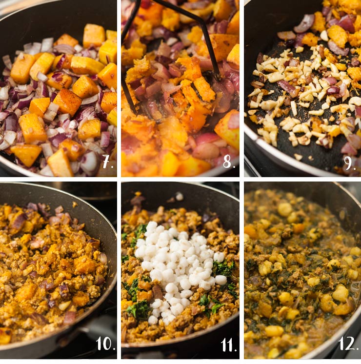 A collage of 6 numbered images showing adding vegetables, turkey and spices to a hot pan to make a stew.