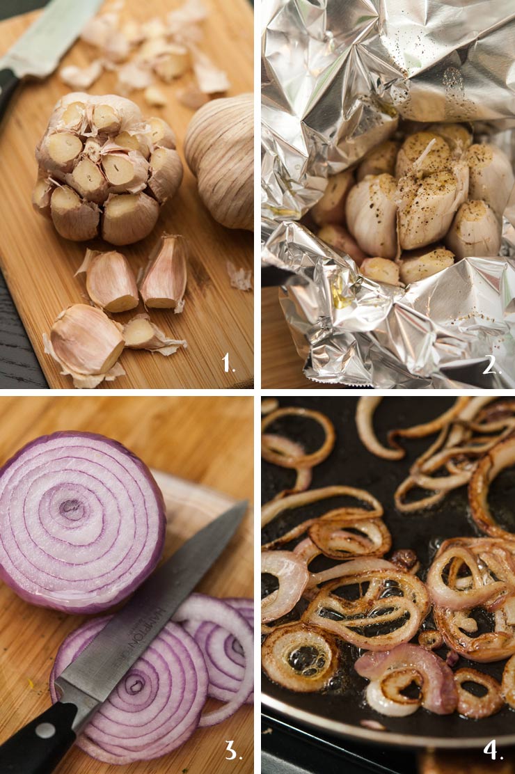 A collage of 4 numbered images showing how to roast garlic and fry onions.