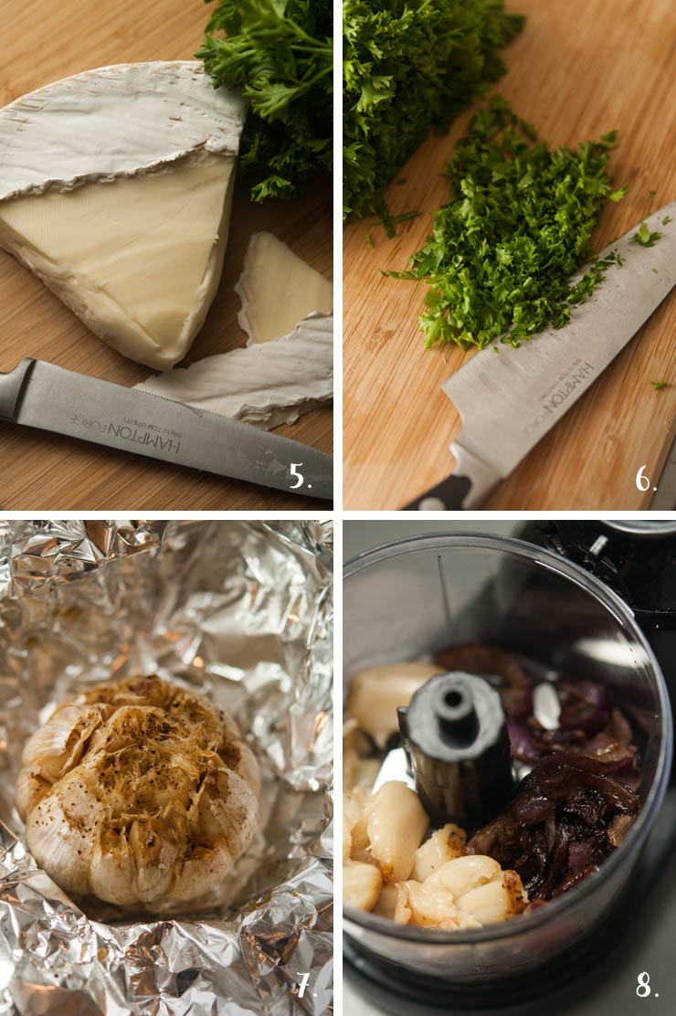 A collage of 4 numbered images showing how to make roasted garlic sauce.