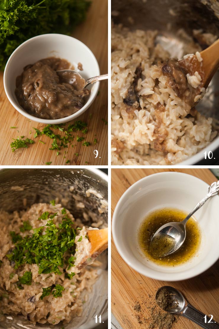 A collage of 4 numbered images showing how to make rice with garlic sauce.