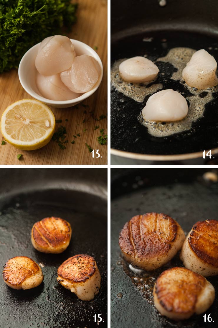A collage of 4 numbered images showing how to sear scallops.