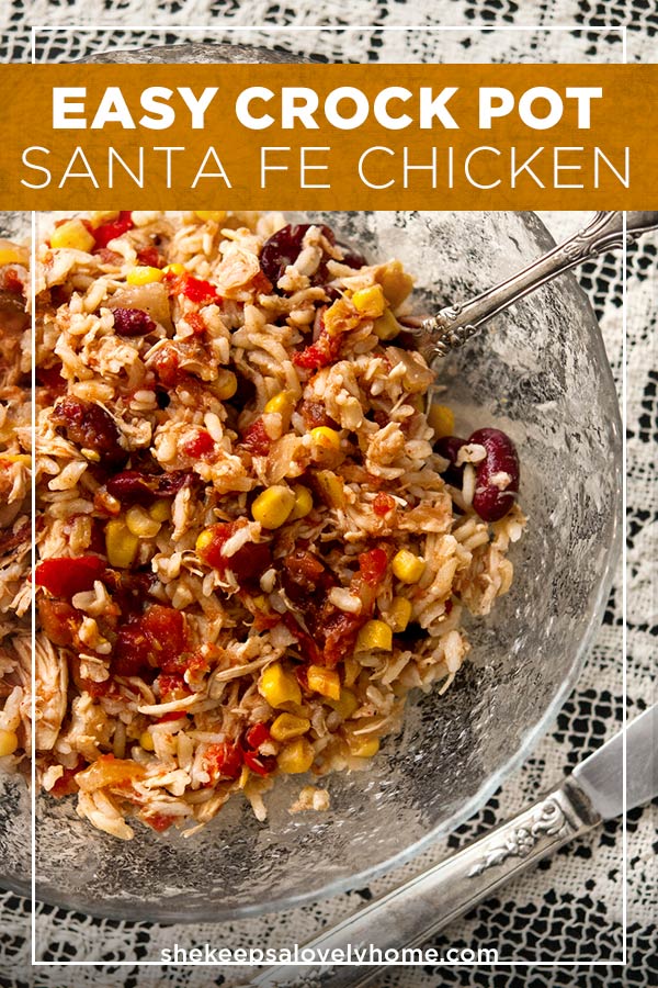This Santa Fe chicken is packed with 7 different veggies, spiced with zesty, Tex-Mex flavors and serves at least 6 happy cowboys. It's also gluten-free! #glutenfree #mexican #recipe #easydinner #crockpot #crockpotrecipes