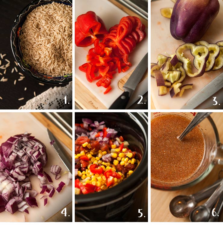 This Santa Fe chicken is packed with 7 different veggies, spiced with zesty, Tex-Mex flavors and serves at least 6 happy cowboys. It's also gluten-free! #glutenfree #mexican #recipe #easydinner #crockpot #crockpotrecipes A collage of 6 numbered images showing how to make Santa Fe chicken.