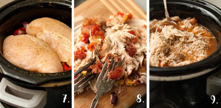 This Santa Fe chicken is packed with 7 different veggies, spiced with zesty, Tex-Mex flavors and serves at least 6 happy cowboys. It's also gluten-free! #glutenfree #mexican #recipe #easydinner #crockpot #crockpotrecipes A collage of 3 numbered images showing how to make Santa Fe chicken.
