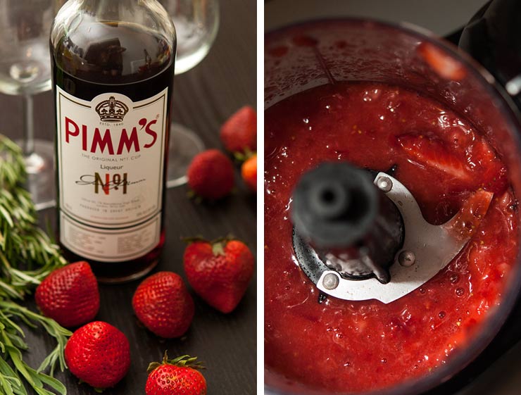 2 images. On the right, a bottle of Pimm’s surrounded by strawberries, on the left, ground strawberries in a food processor.