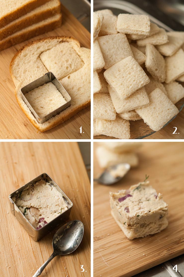 A collage of 4 numbered images showing how to make chicken salad finger sandwiches.