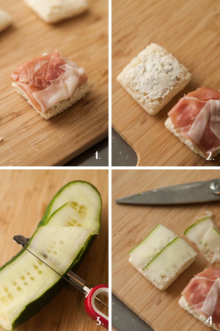 A collage of 4 numbered images showing how to make cucumber sandwiches.