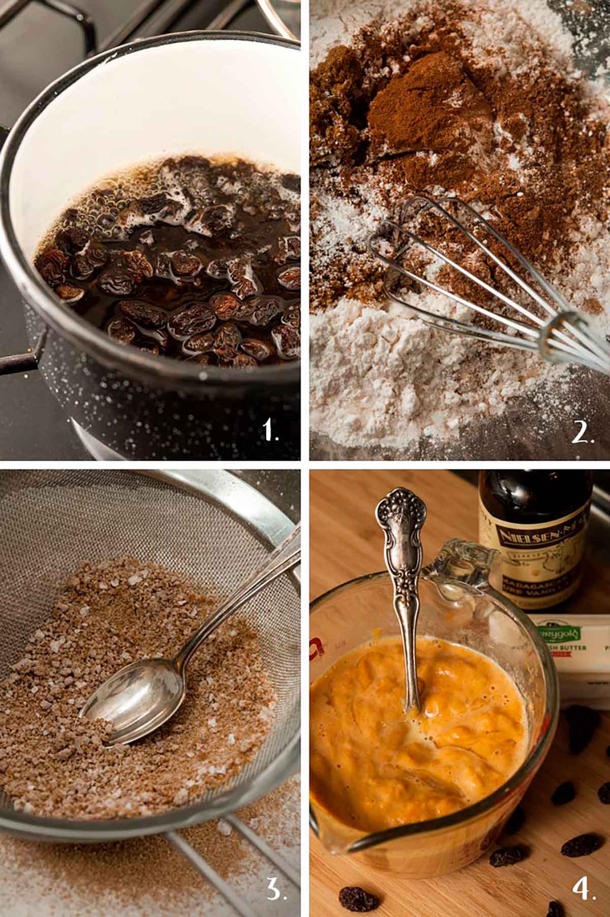 A collage of 4 numbered images showing how to boil raisins and make batter.