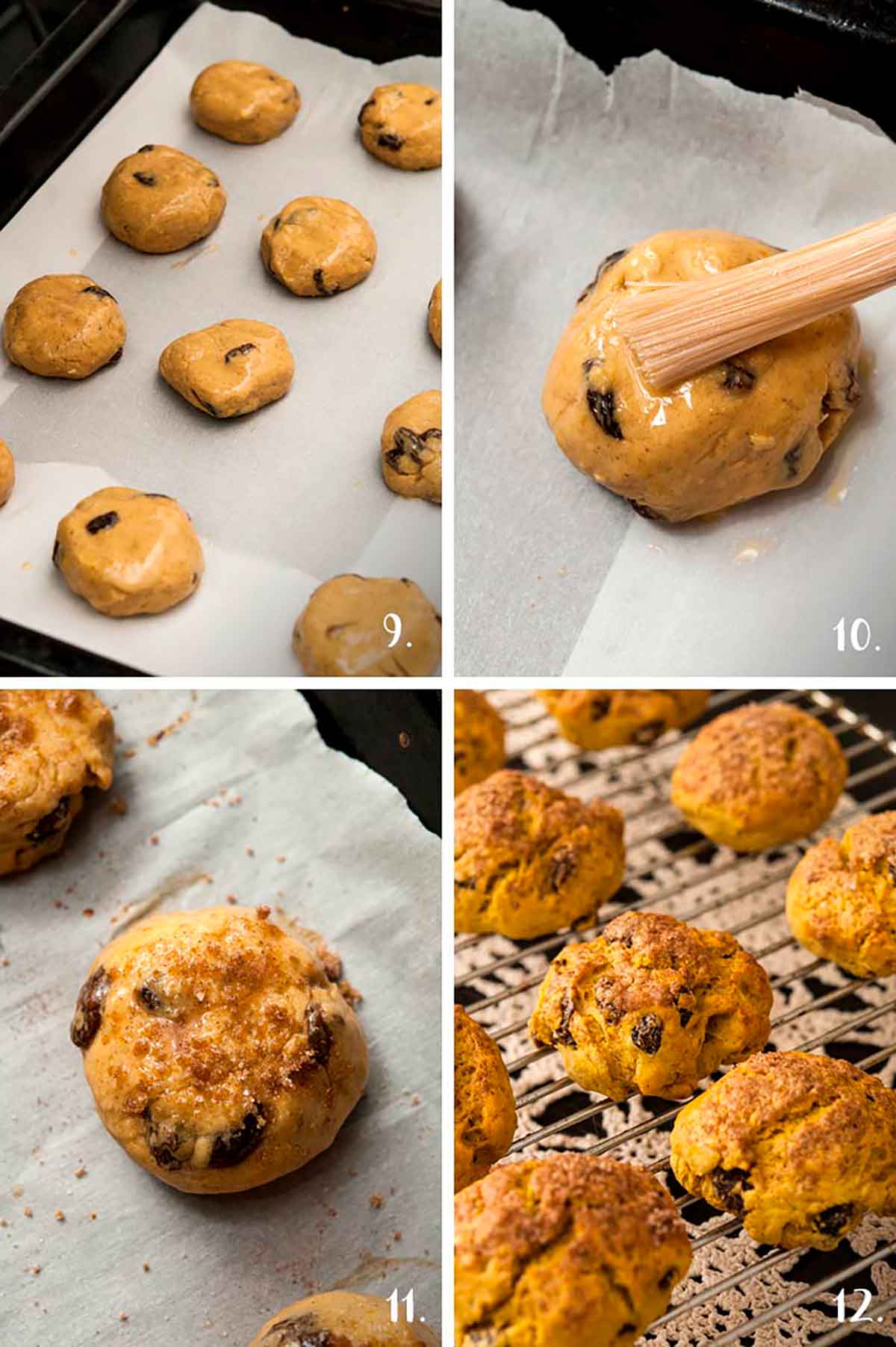 A collage of 4 numbered images showing how to bake pumpkin scones.