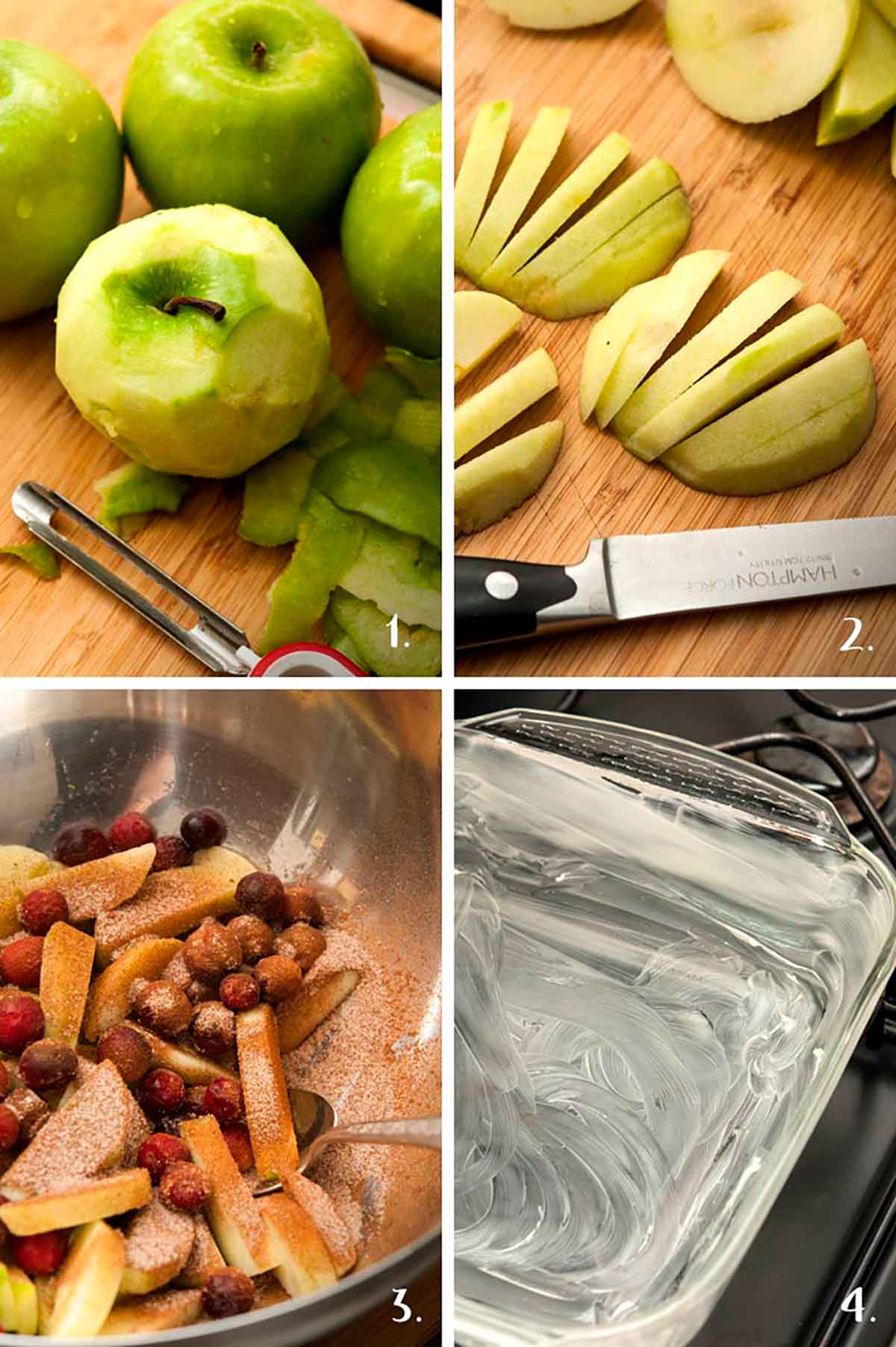 A collage of 4 numbered images showing how to prepare apples and baking dish with butter.