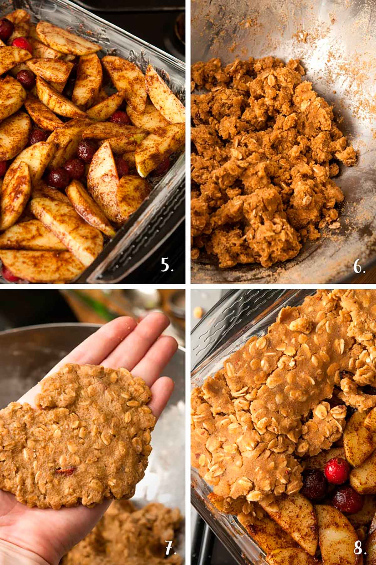 This fantastically tasty dessert is sweet, tart, crispy, chewy and crunchy! It’s so incredibly easy to make and can be made vegan! #desserts, #falldesserts, #appledessert, #applerecipes, #fallrecipes, #thanksgiving, #apples, #shekeepsalovelyhome A collage of 4 numbered images of how to top apples with granola mixture.