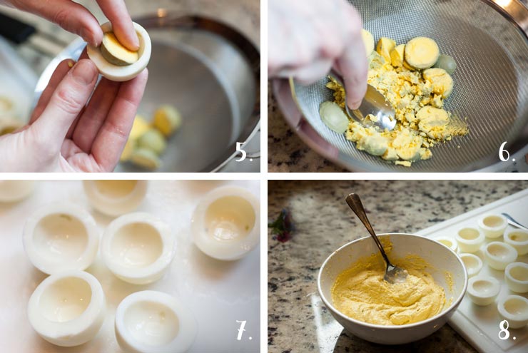 A collage of 4 numbered images showing how to make deviled egg filling.