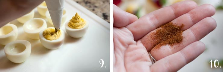 2 images showing how to fill deviled eggs on a cutting board, and a hand holding a small amount of spices.