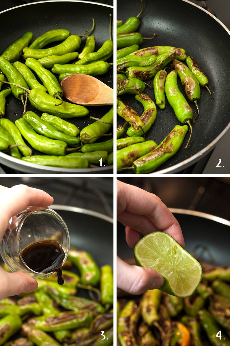 A collage of 4 numbered images showing the process of making blistered shishito peppers.