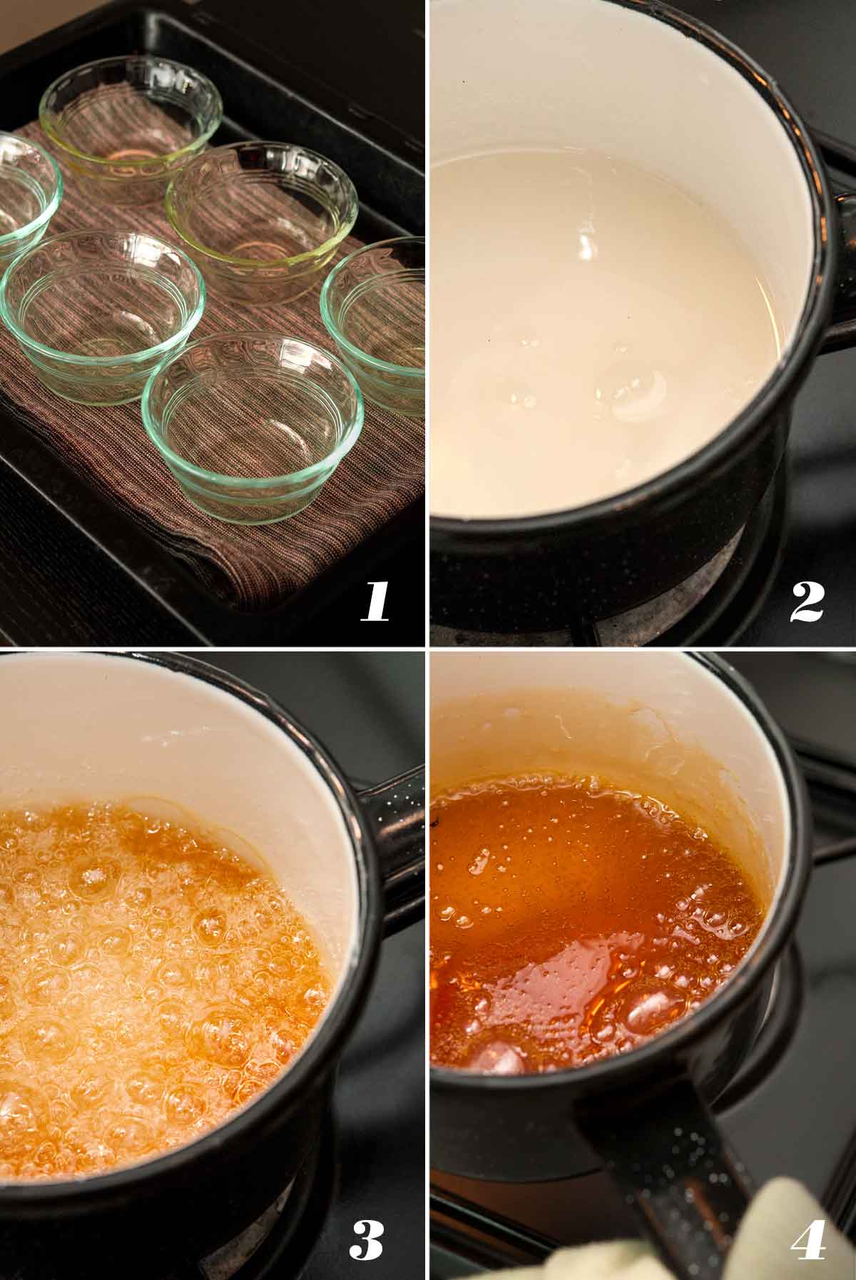 A collage of 4 numbered images showing how to make caramel.