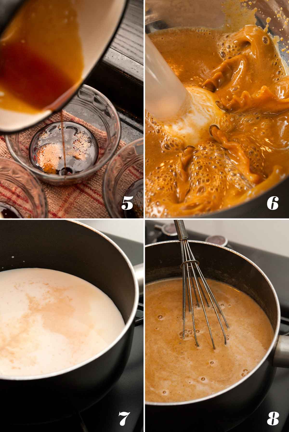 A collage of 4 numbered images showing how to make flan custard.