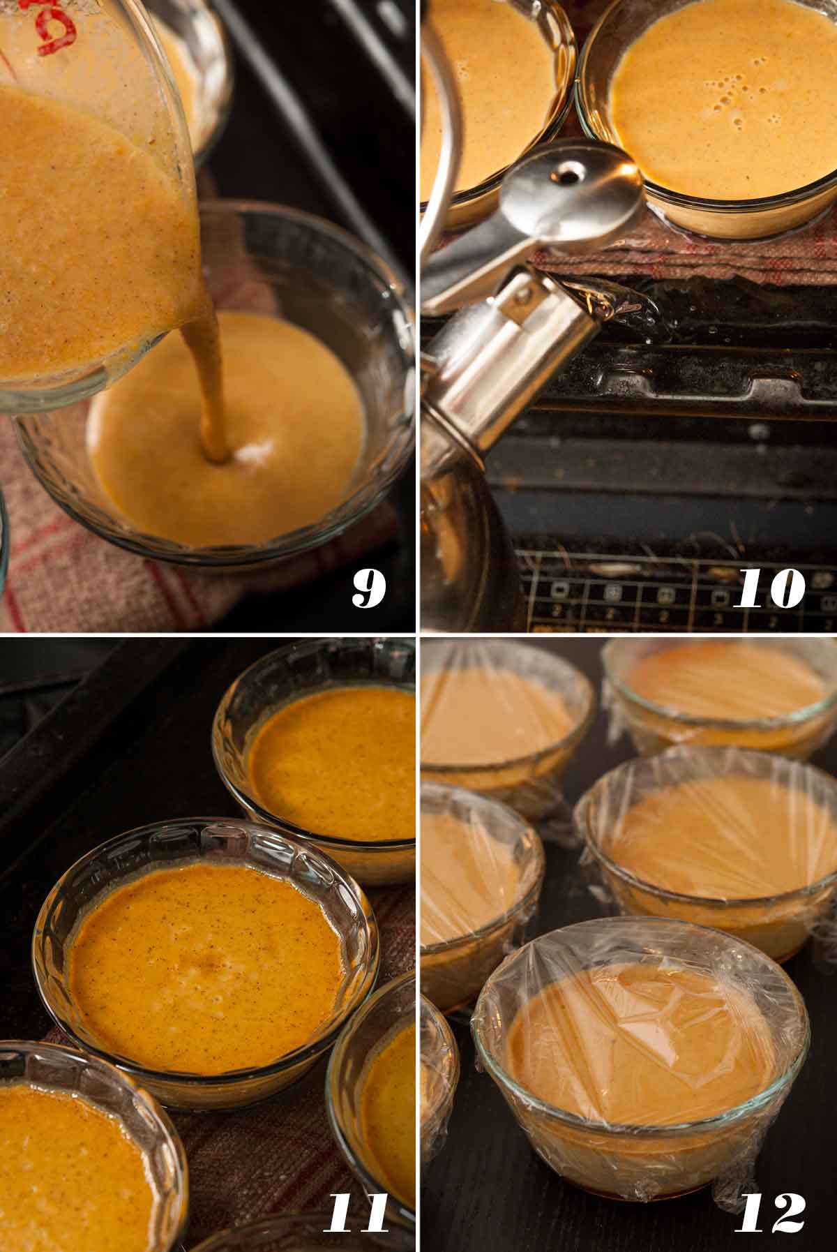 A collage of 4 numbered images showing how to pour and bake flan.