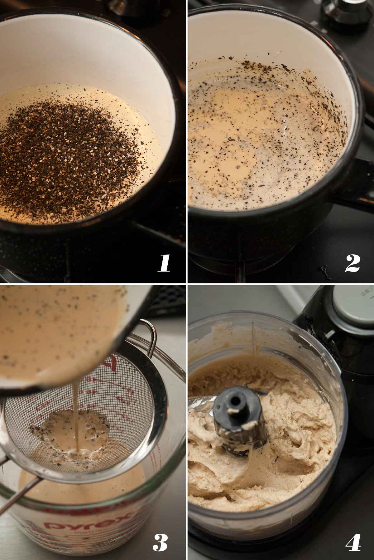 A collage of 4 numbered images showing how to make chai cream.