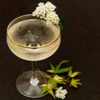 A cocktail garnished with flowers on a dark table with flowers and leaves at its base.