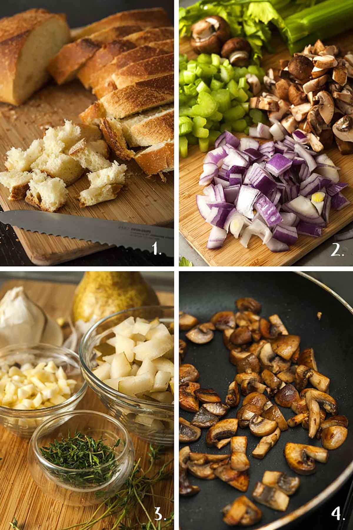This traditional homemade bread stuffing recipe is moist and crunchy, flavorful and packed with earthy herbs and spices. The very best stuffing for turkey, duck, chicken or Cornish game hen! #stuffing, #recipes A collage of 4 numbered images showing cutting vegetables, pear and herbs, and cooking mushrooms.