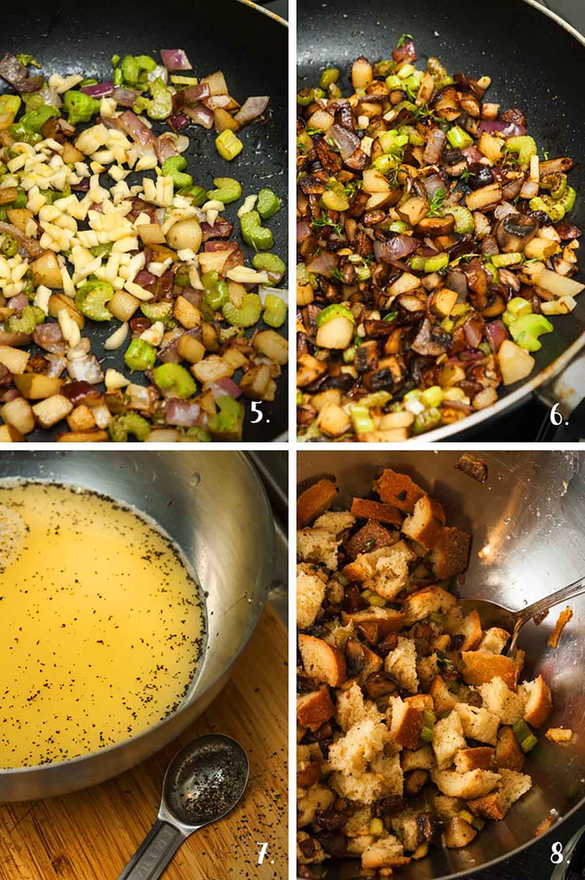 This traditional homemade bread stuffing recipe is moist and crunchy, flavorful and packed with earthy herbs and spices. The very best stuffing for turkey, duck, chicken or Cornish game hen! #stuffing, #recipes A collage of 4 numbered images showing cooking vegetables, and adding them to croutons.