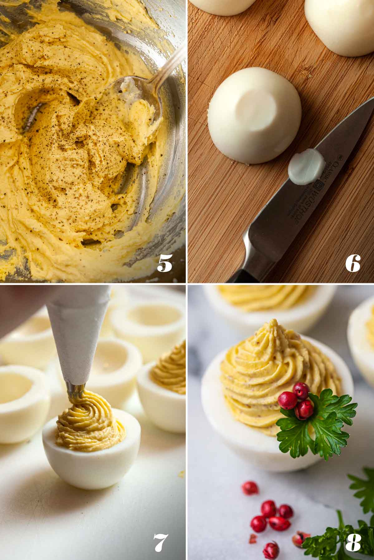 A collage of 4 numbered images showing how to mix, pipe and garnish deviled eggs.