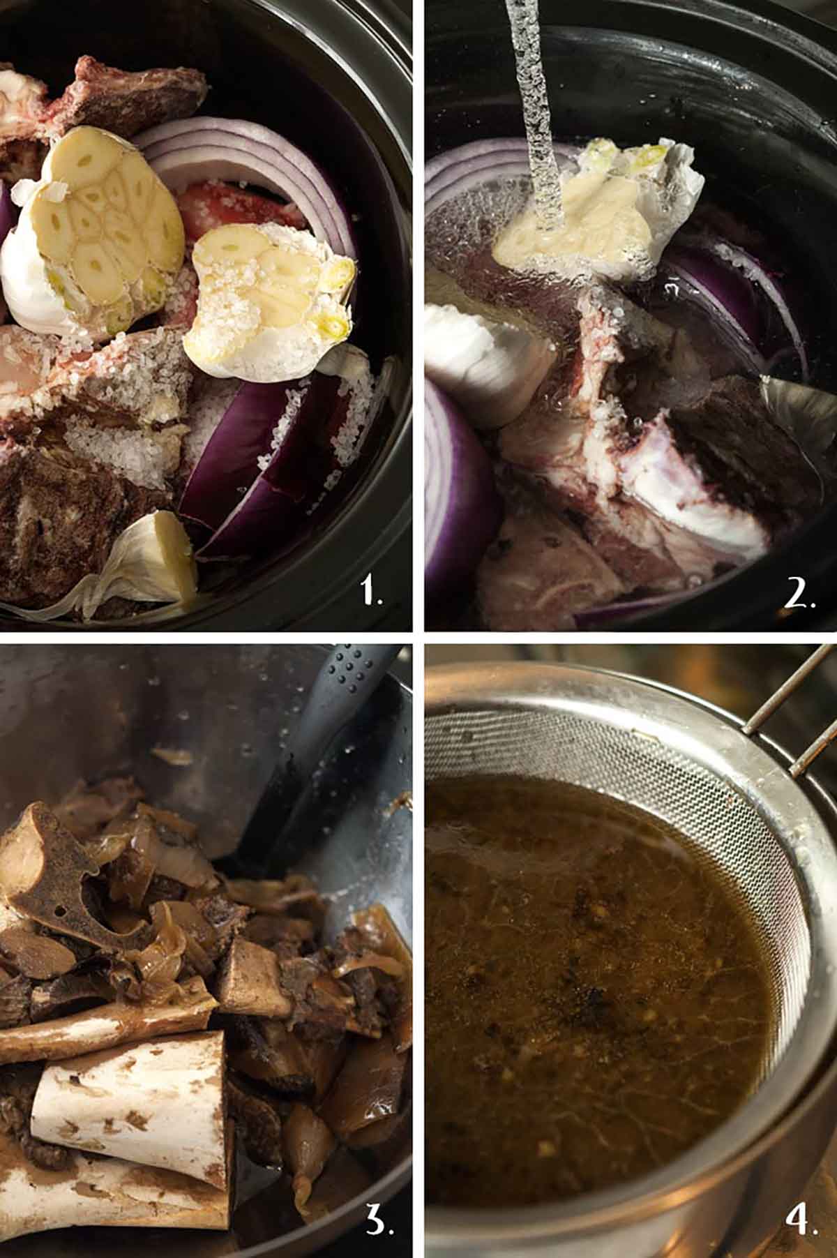 A collage of 4 images showing how to make beef bone broth in a crock pot.