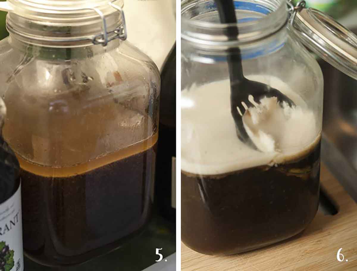 This beef bone broth is a fantastic base for rich soup recipes or simply sipping for better health. #bonebroth, #recipe 2 images, showing how to harden and scoop off fat from broth.
