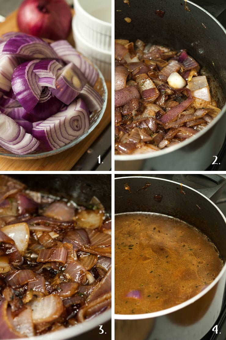 A collage of 4 numbered images showing the process of making French onion soup.