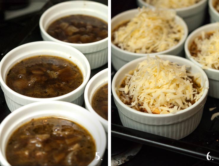 2 numbered images showing adding cheese to French onion soup before placing in the oven.