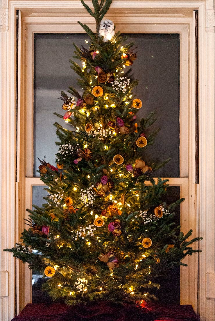 A Christmas tree decorated with flowers, dried orange slices and a white owl on top.