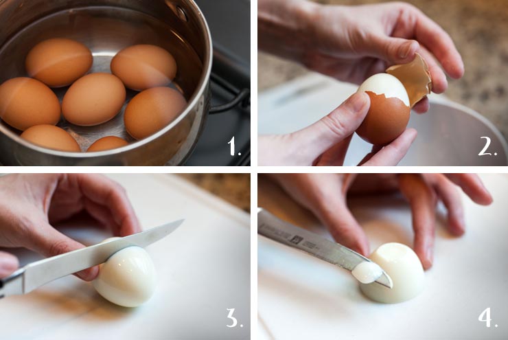 uma colagem de 4 imagens numeradas mostrando como ferver, descascar e cortar ovos devilados.