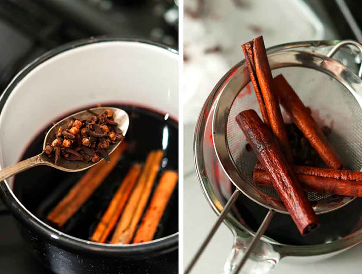 This sake, St. Germain and spiced black currant juice cocktail makes a perfect winter punch for your non-traditional Christmas parties and elegantly different winter affairs. Let’s stray from the red and green into the black, frosty winter night. #cocktails #christmas 2 images showing how to steep currant juice with cloves and cinnamon.
