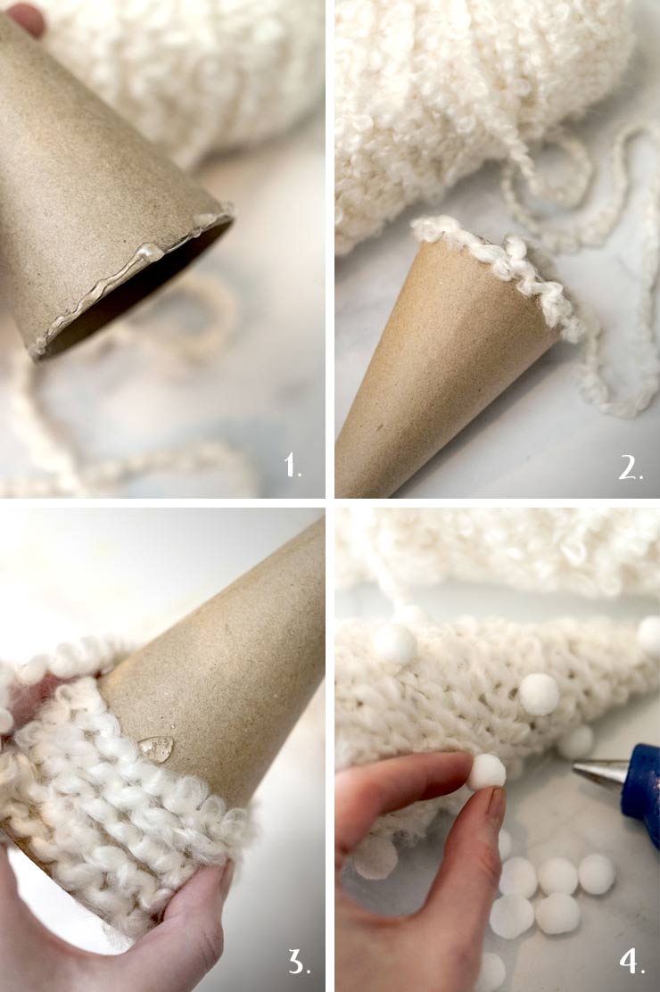 4 numbered images showing how to make DIY yarn Christmas trees.