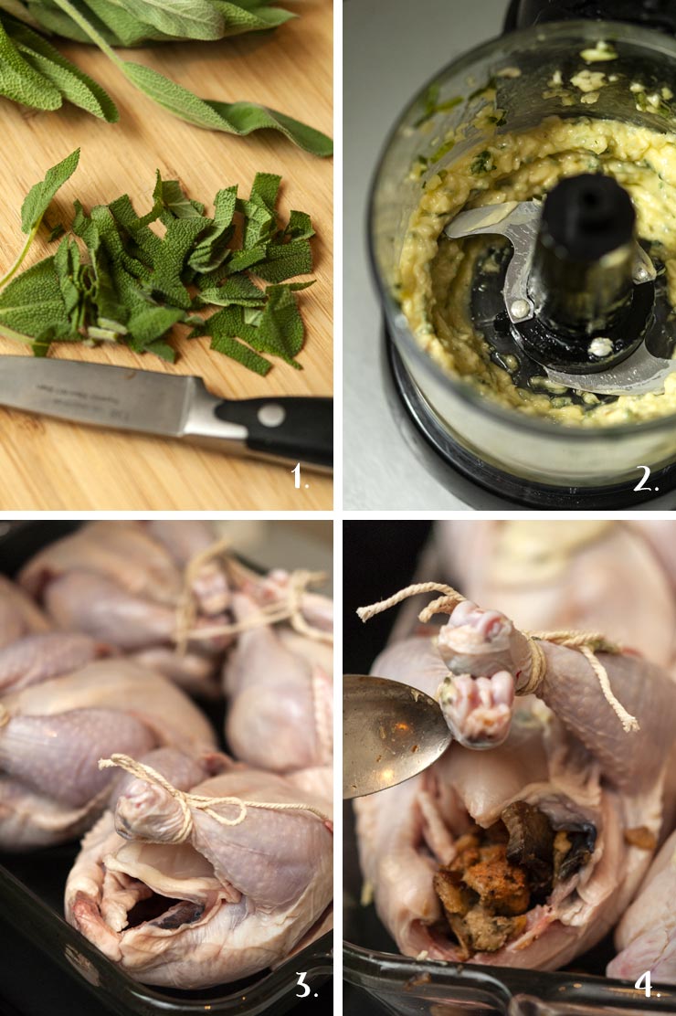 A collage of 4 numbered images showing how to tie and stuff Cornish game hens.