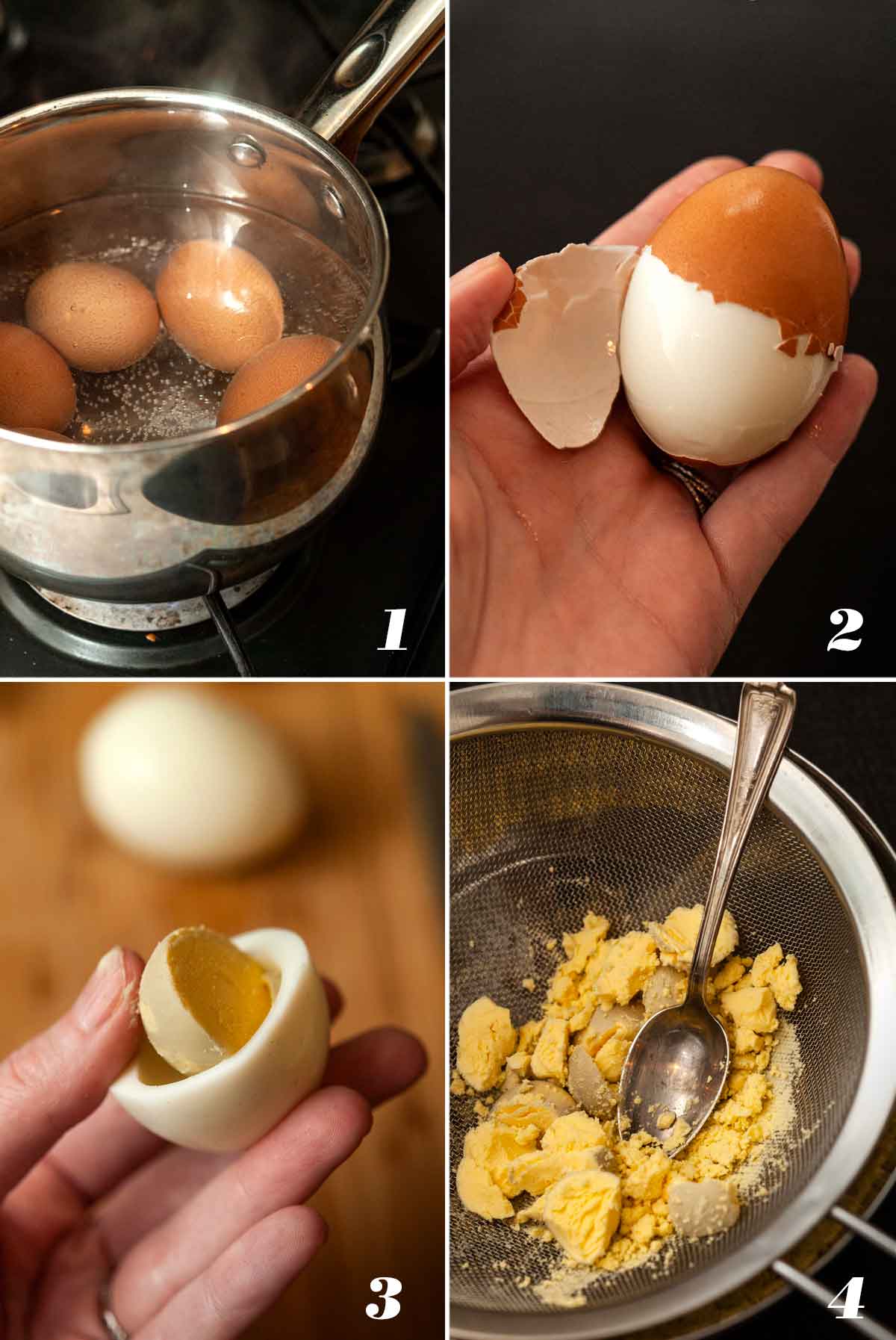 A collage of 4 numbered images showing how to make deviled eggs.