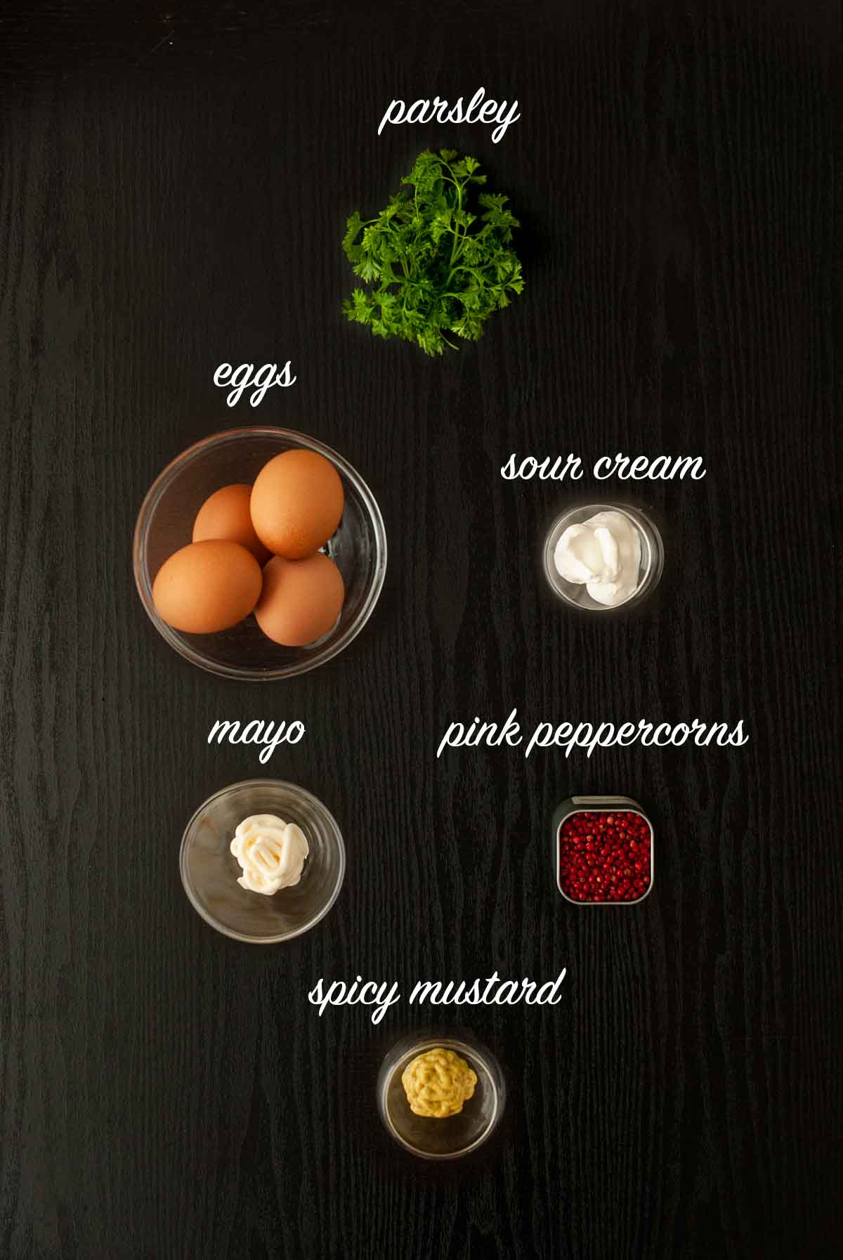 6 ingredients on a table with titles describing what they are.