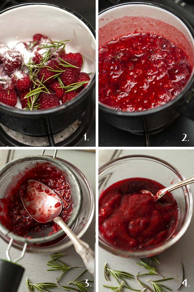 A collage of 4 numbered images showing how to make raspberry-rosemary compote.