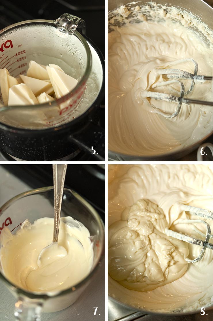 A collage of 4 numbered images showing how to melt white chocolate and add it to mousse ingredients.