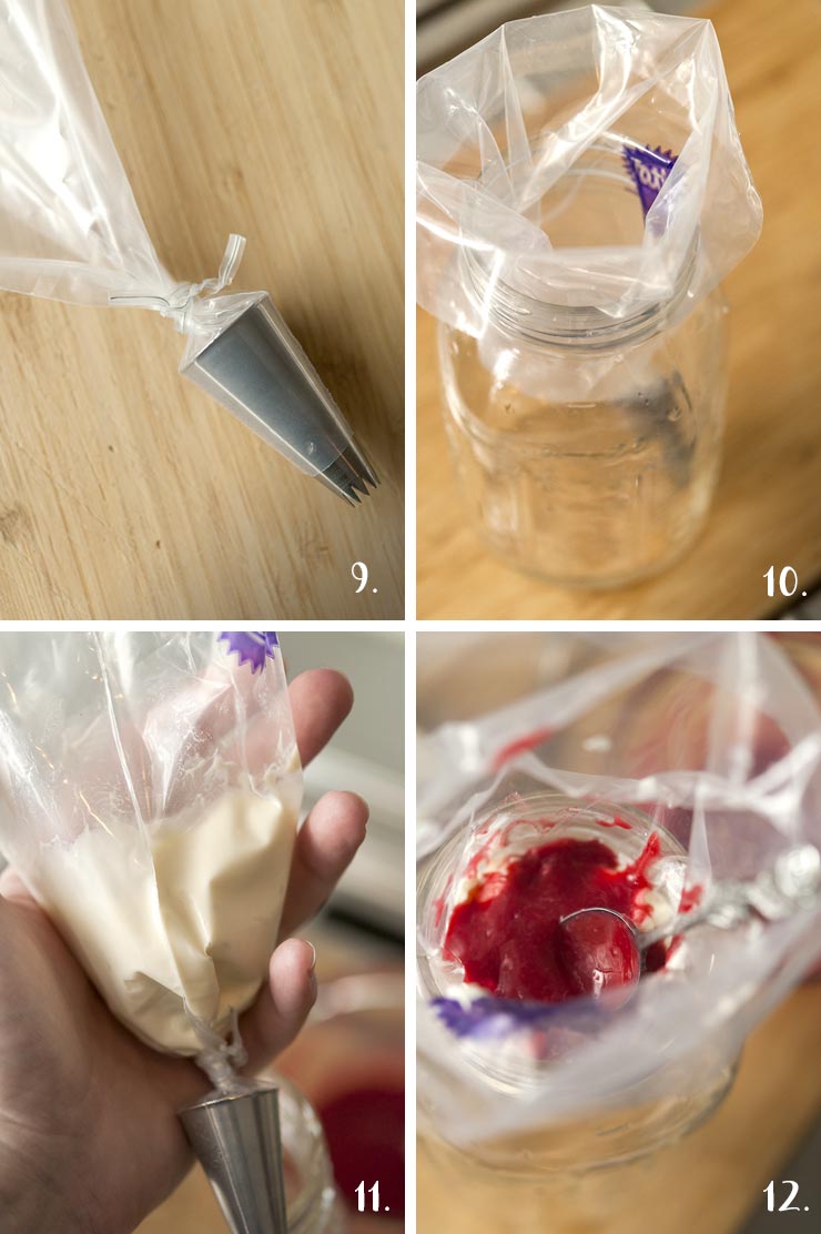 A collage of 4 numbered images showing how to add mousse and raspberry compote to a pastry piping bag.