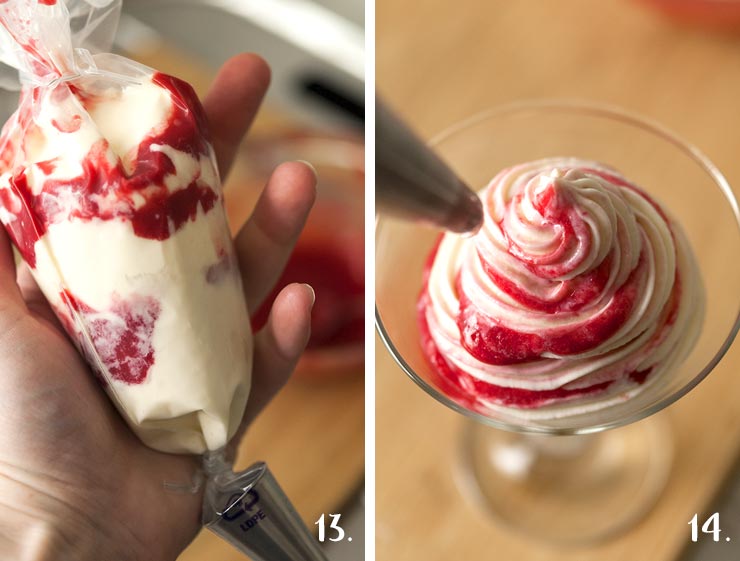 2 images. On the left, a pastry piping bag filled with mousse. On the right, a pastry bag filling a glass with mousse.