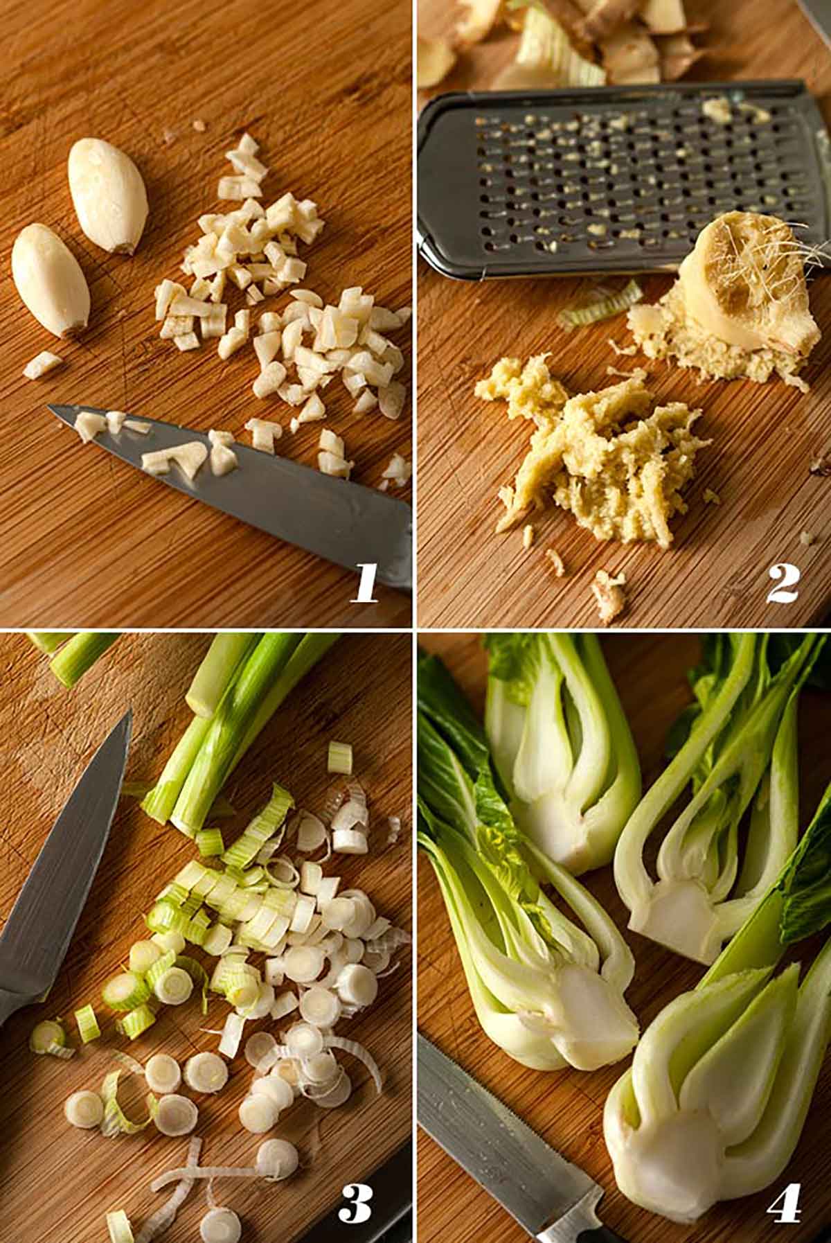 A collage of 4 images showing how to prepare seared baby bok choy.