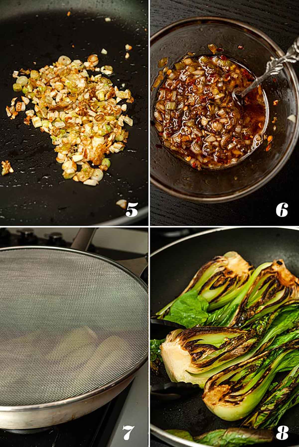 A collage of 4 images showing how to make ginger garlic sauce and sear bok choy.