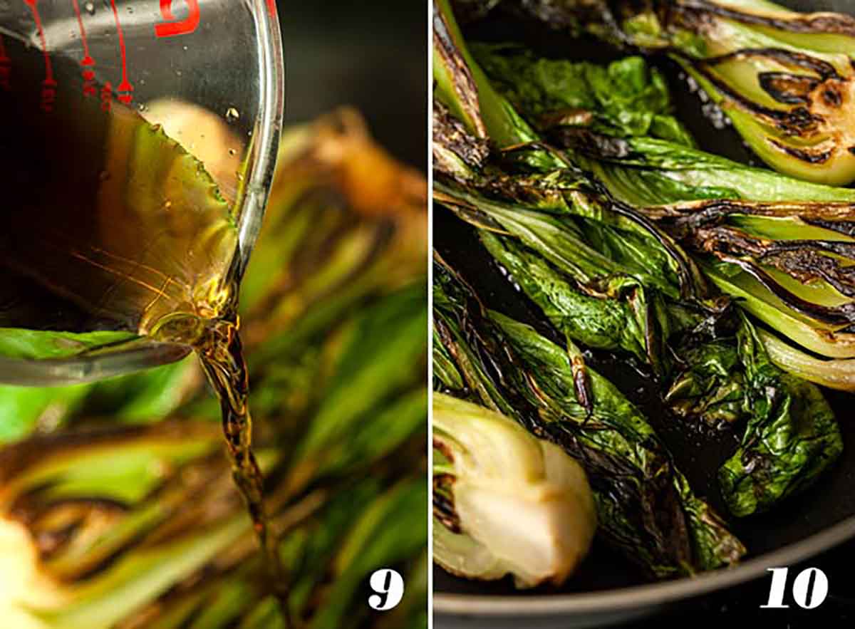 2 numbered images showing how to steam bok choy.