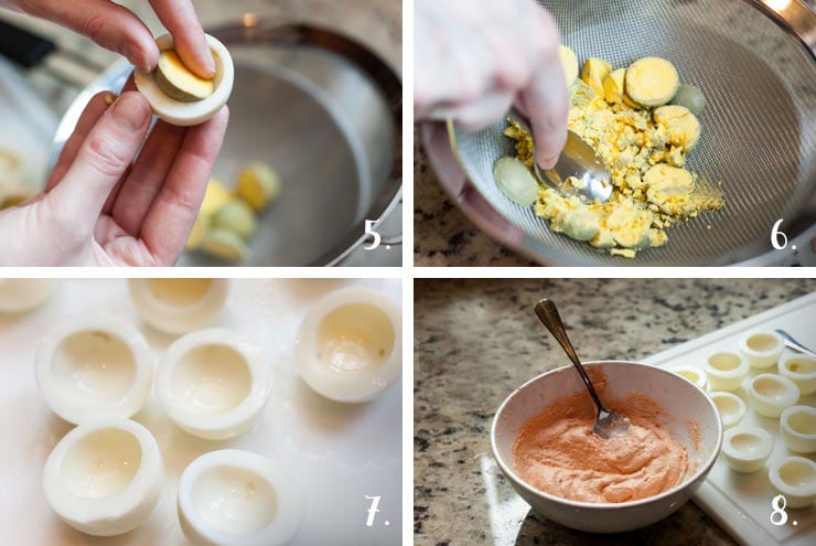 A collage of 4 numbered images showing how to make deviled egg filling.
