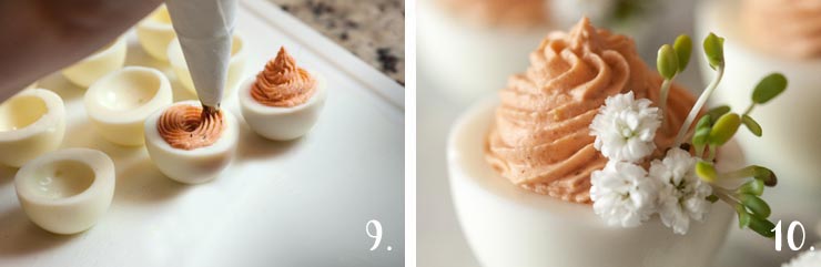 2 numbered images showing the filling of deviled eggs.