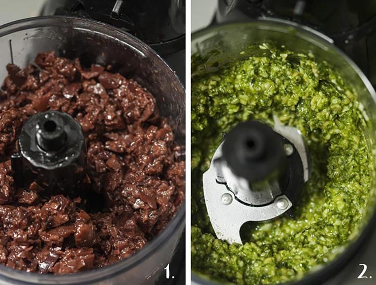 2 numbered images showing how to make olive tapenade and fresh pesto in a food processor.