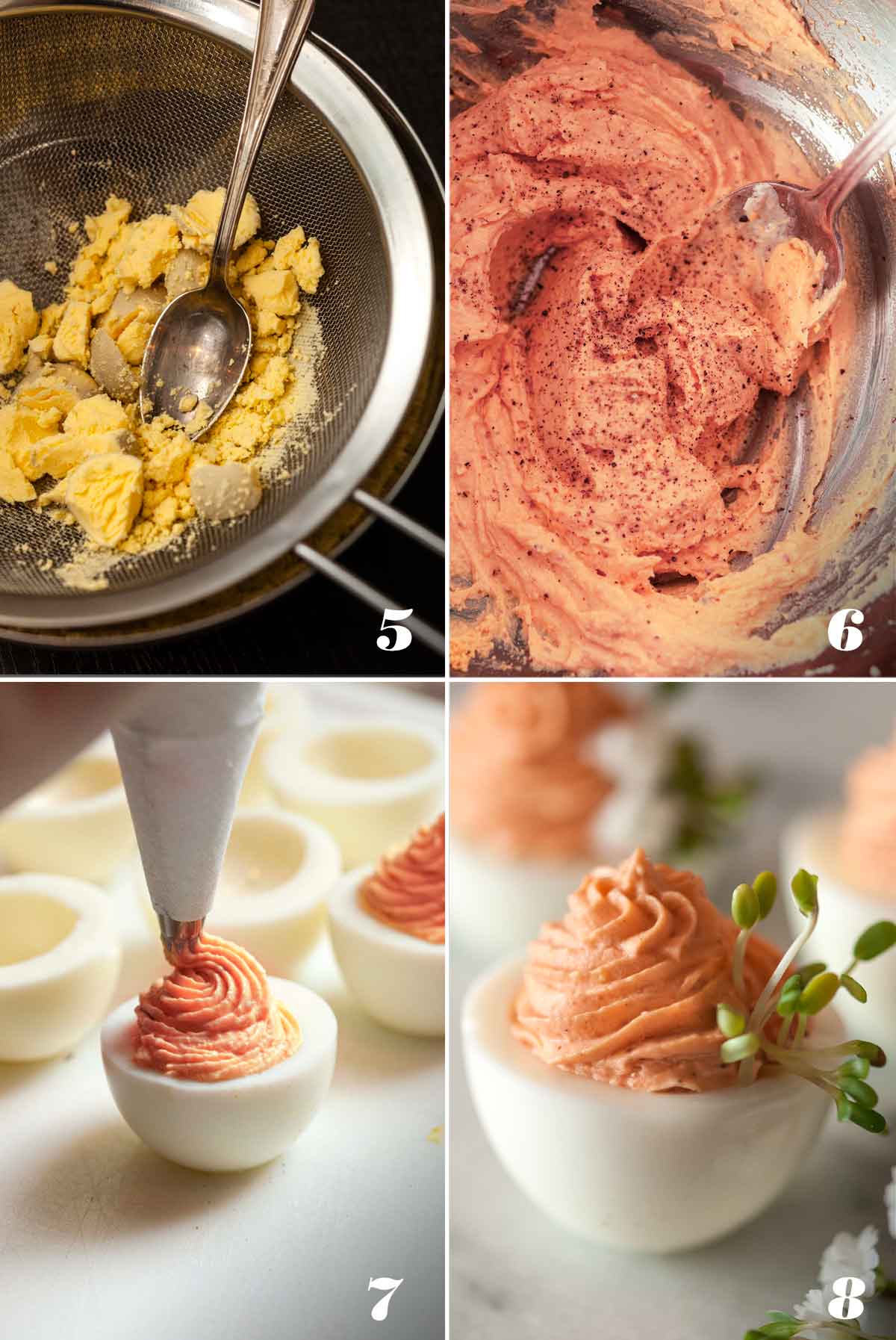 A collage of 4 numbered images showing how to make pink deviled eggs.