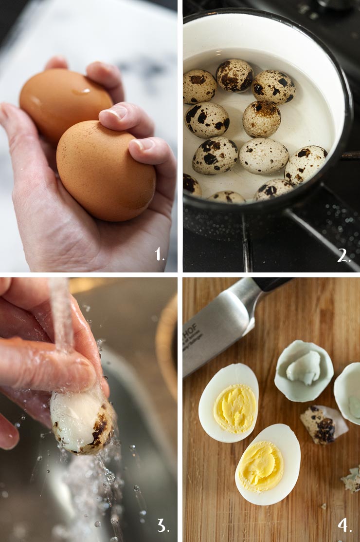 A collage of 4 numbered images showing how to boil eggs and cut them.